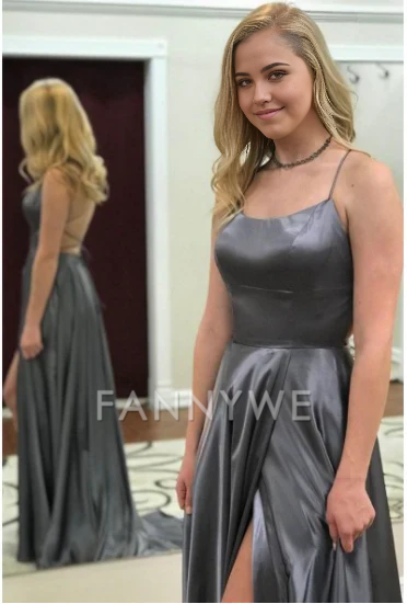 Vestido de noche largo azul con tirantes finos y corte A para dama de honor, vestido de fiesta con abertura