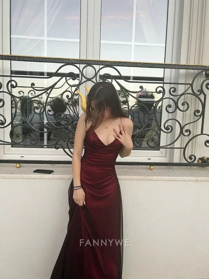 Vestido formal largo burdeos con tirantes finos y corte A para dama de honor, vestido de noche, vestido de fiesta