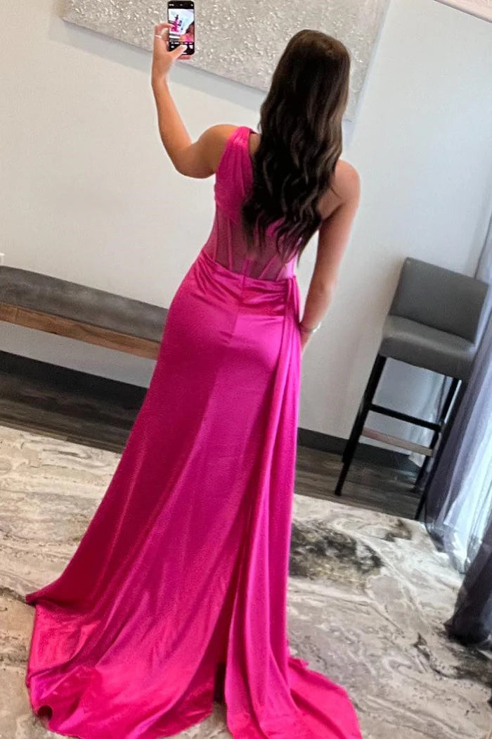 Vestido de fiesta largo de satén plisado con un solo hombro