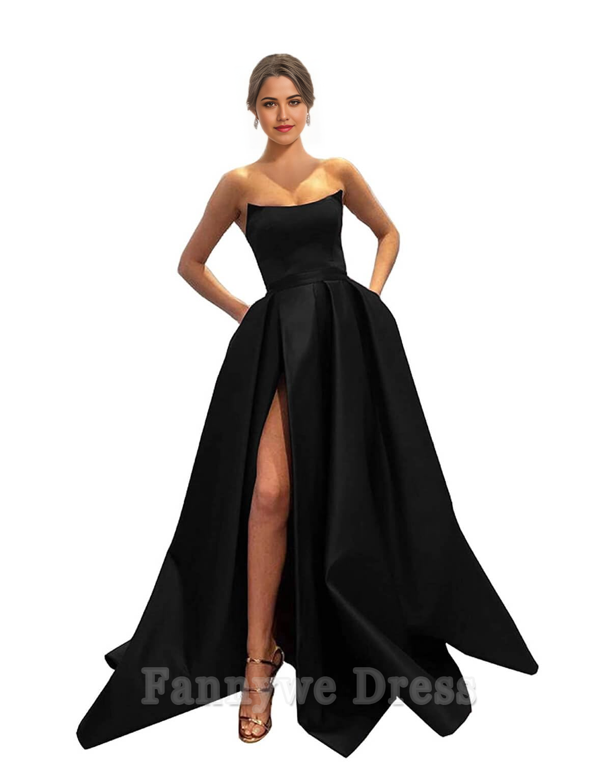 A-Linie, trägerlos, Satin, ärmellos, Schlitz, lange Abendkleider, Abendkleid, Ballkleid mit Taschen