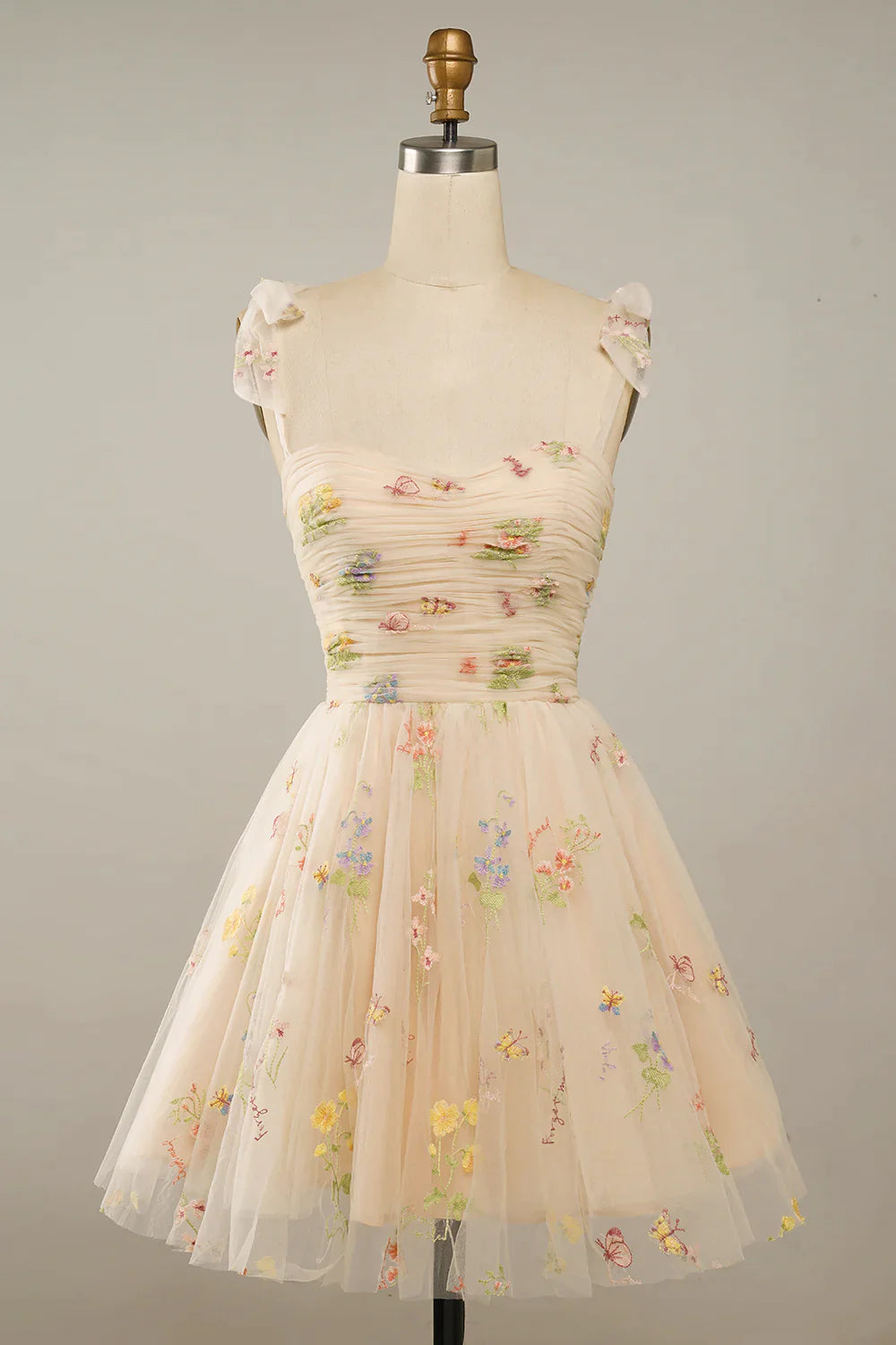 A Line Spaghetti Straps Champagne Short Homecoming Dress with Embroidery