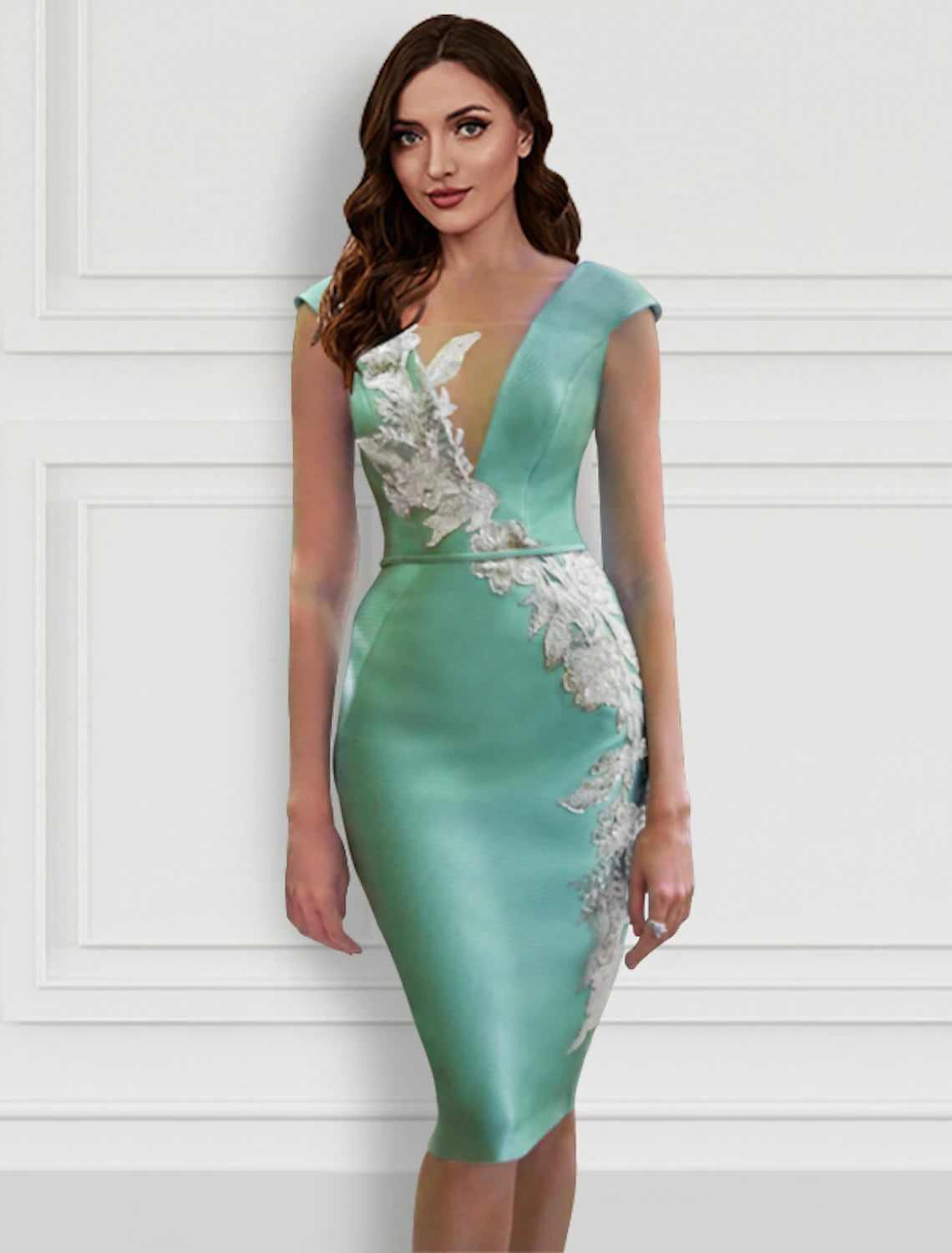 Zweiteilige Cocktailkleider, Blumenkleid, formell, knielang, langärmlig, V-Ausschnitt, Gürtel/Schärpe, Satin mit Applikationen