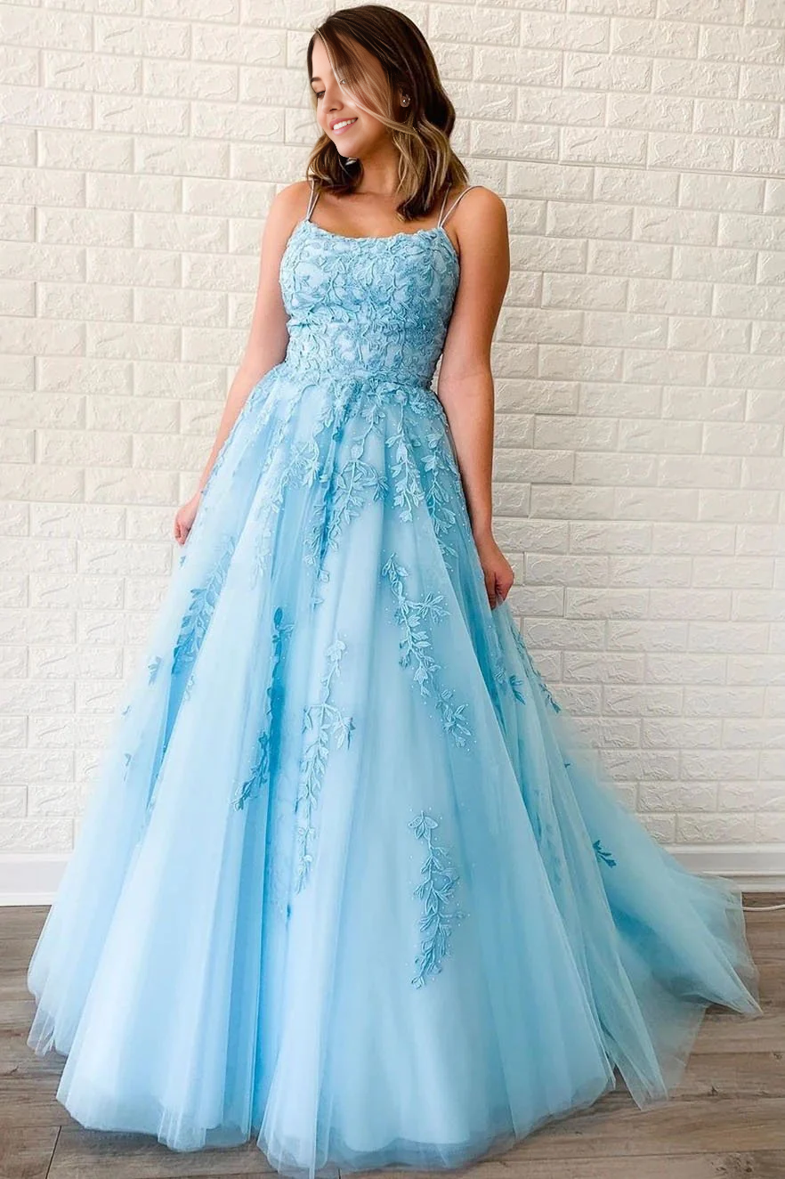 A-Linie Tüll Applikationen Perlen Scoop Himmelblau Abendkleider Abendkleid Ballkleider mit Spitze