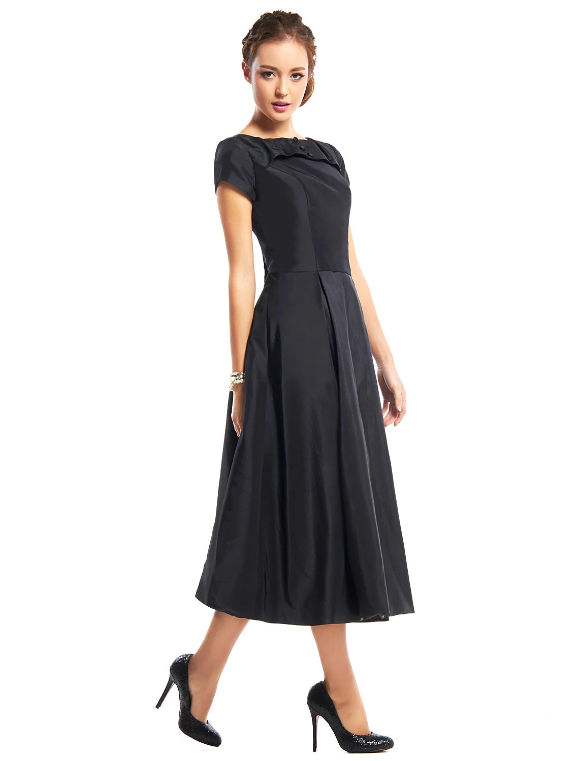 A-Linie Vintage Kleid Homecoming Tee Länge Kurzarm Boot-Ausschnitt Taft mit Knöpfen