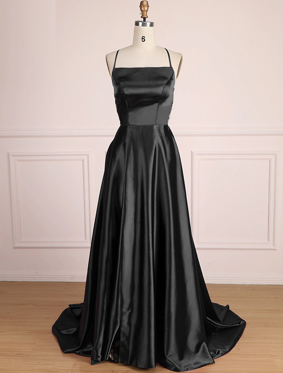 A-Linie Ballkleider Minimalistisches Kleid Partykleidung Sweep/Pinselzug Ärmellos Spaghettiträger Satin mit Falten Schlitz