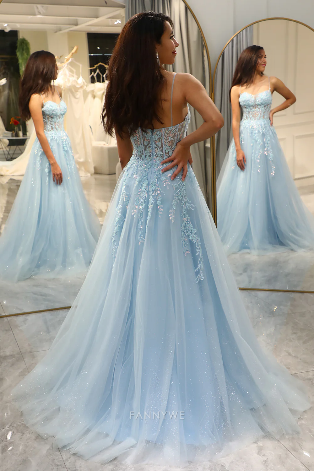 A Line Spaghetti Appliques Straps Tulle Long Fuchsia formal dresses Bridesmaid Dresses evening gown Prom Dress