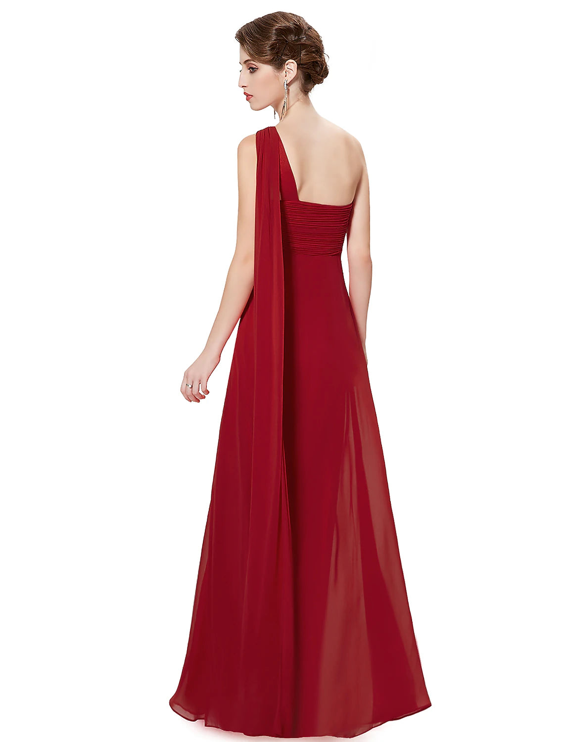 Vestido de noche corte A, estilo imperio, formal, largo hasta el suelo, sin mangas, con un hombro descubierto, de gasa, para dama de honor, con espalda descubierta y pliegues drapeados.