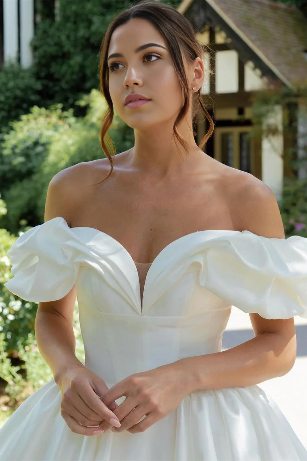 A-line Puff Off-the-Shoulder V Neck Sweeping Long Wedding Dress