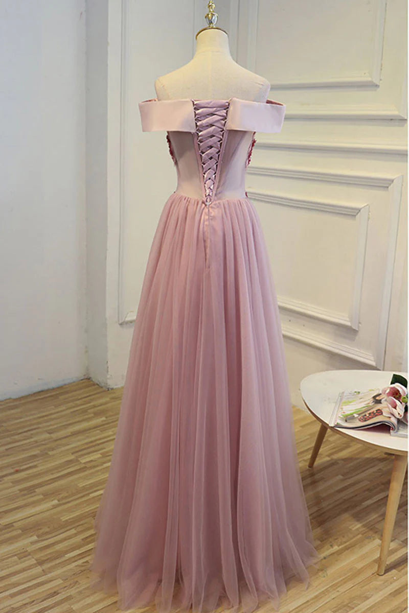 A-line off shoulder tulle long prom dress