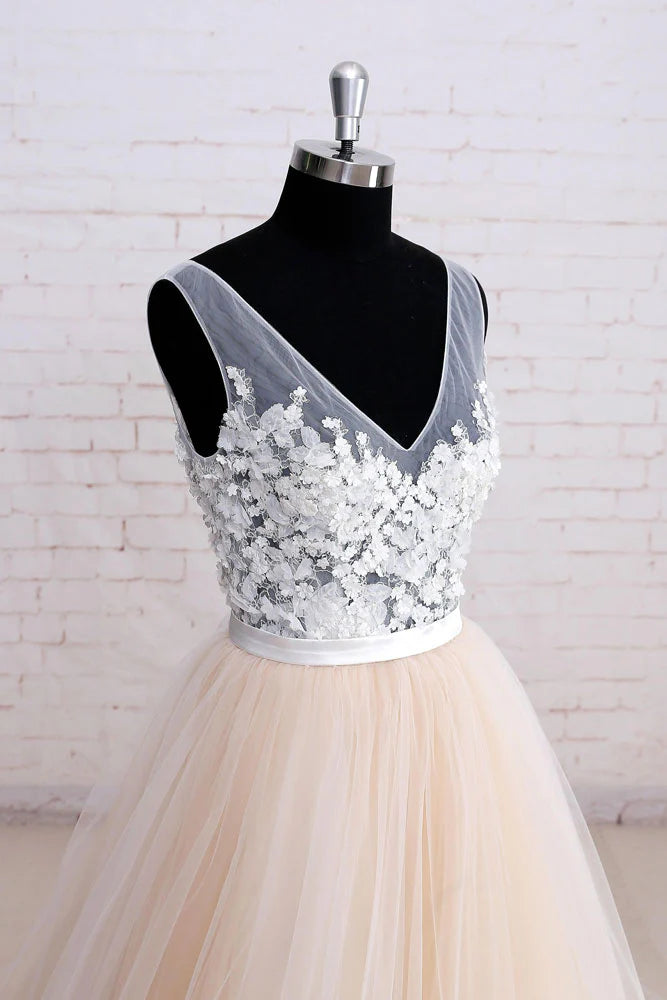 V neck lace tulle long prom dress