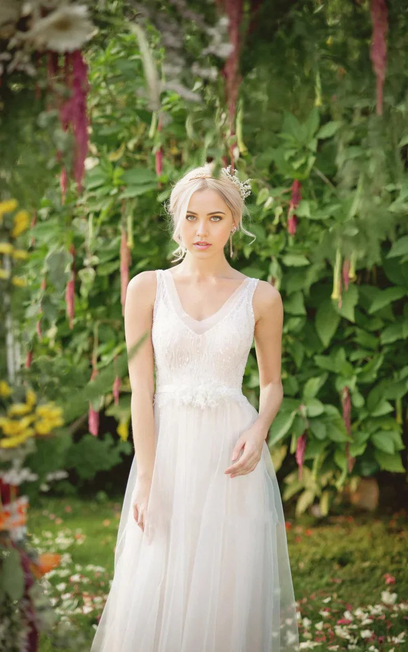 A-line Chiffon Tulle Lace Weddig Dress With Beading Sequins