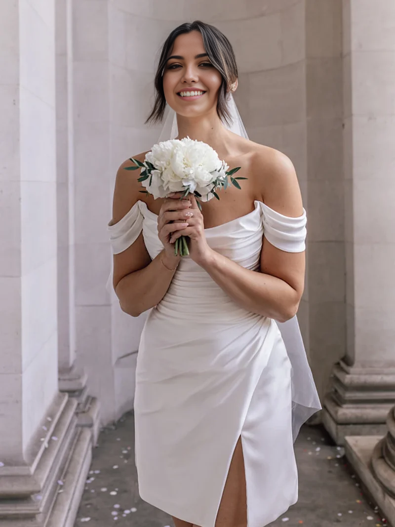 Vestido de novia formal sencillo, corto, de satén, con cuello vuelto y hombros descubiertos y abertura.