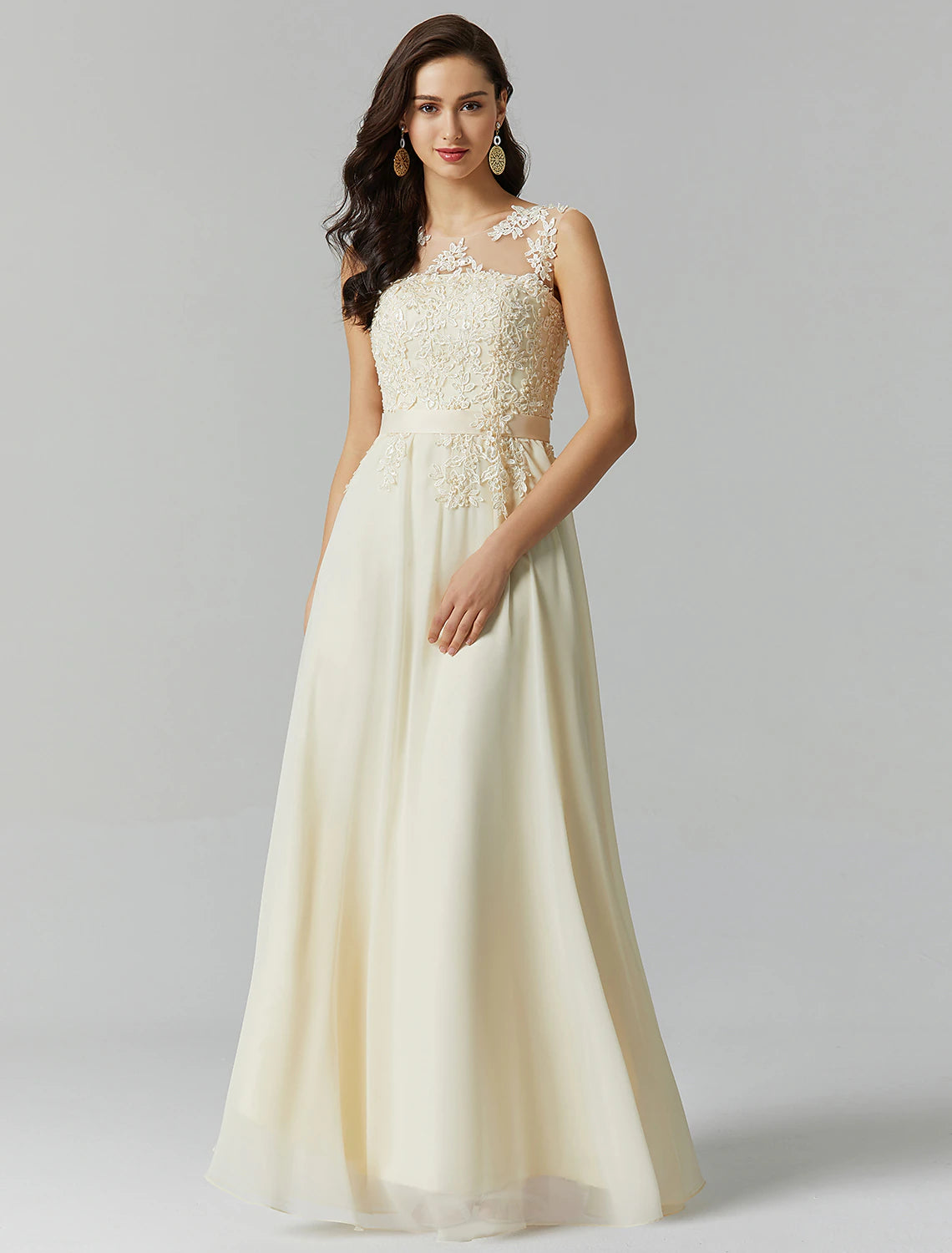 A-Line Bridesmaid Dress Jewel Neck Sleeveless Elegant Floor Length Chiffon / Lace with Appliques