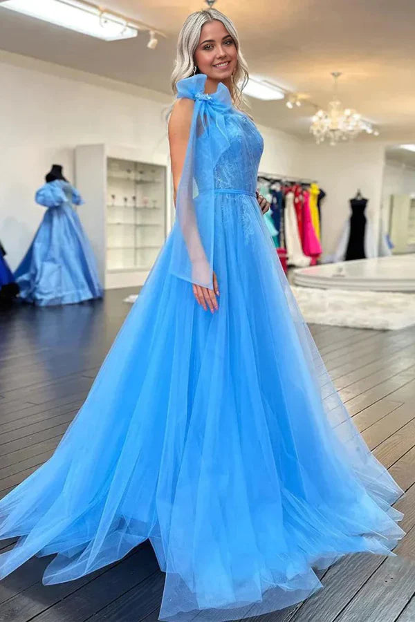 A-line One Shoulder Lace Long Prom Dresses with Slit