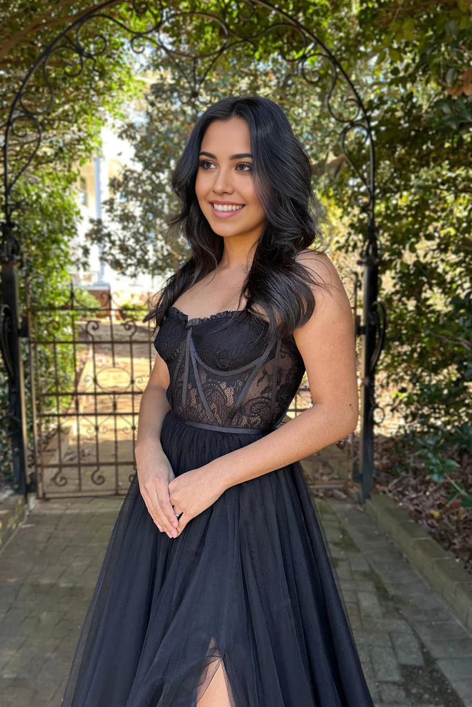A-Linie Herzausschnitt Spitze Schwarz Langes Ballkleid Abendkleid