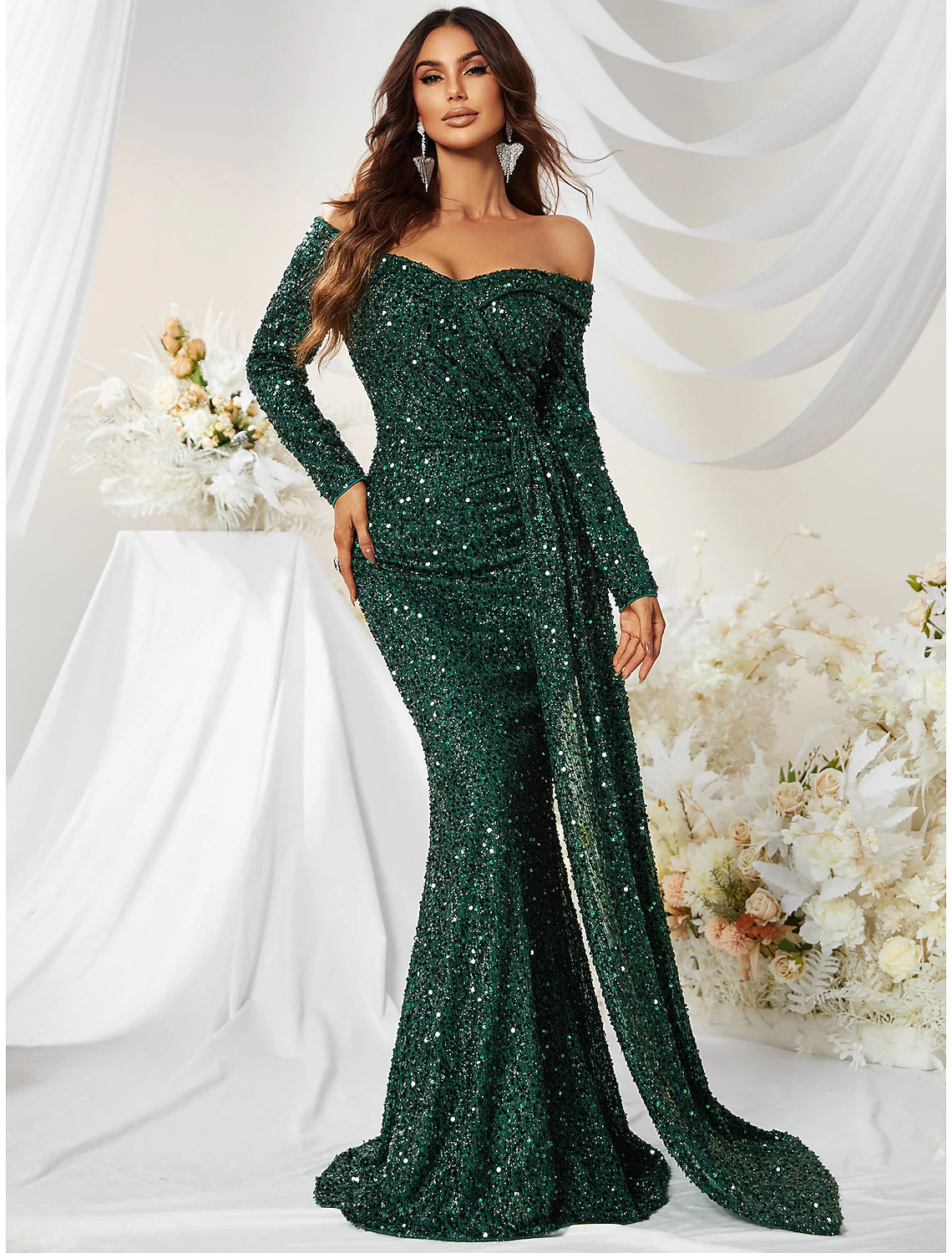 Mermaid / Trumpet Evening Gown Sparkle & Shine Dress Formal Sweep / Brush Train Long Sleeve Off Shoulder Polyester with Sequin
