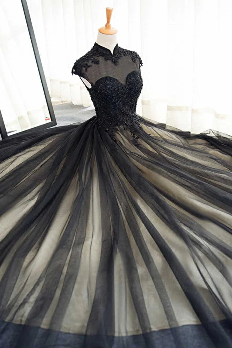 tulle lace long prom dress