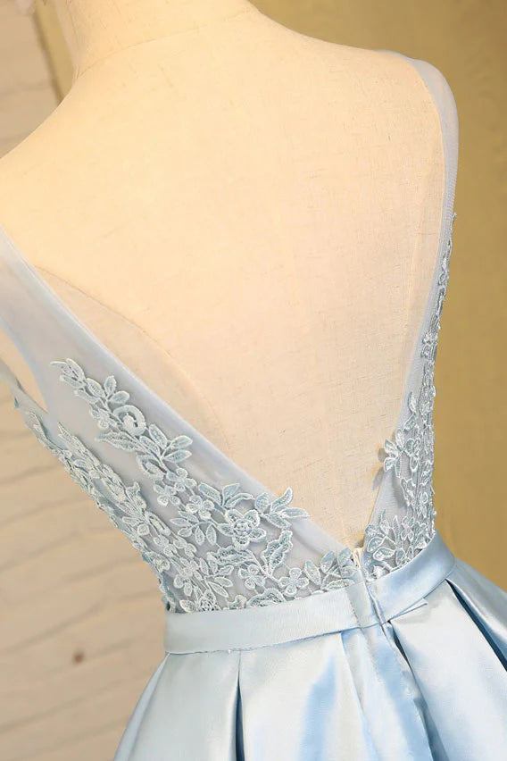 V neck lace applique short prom dress