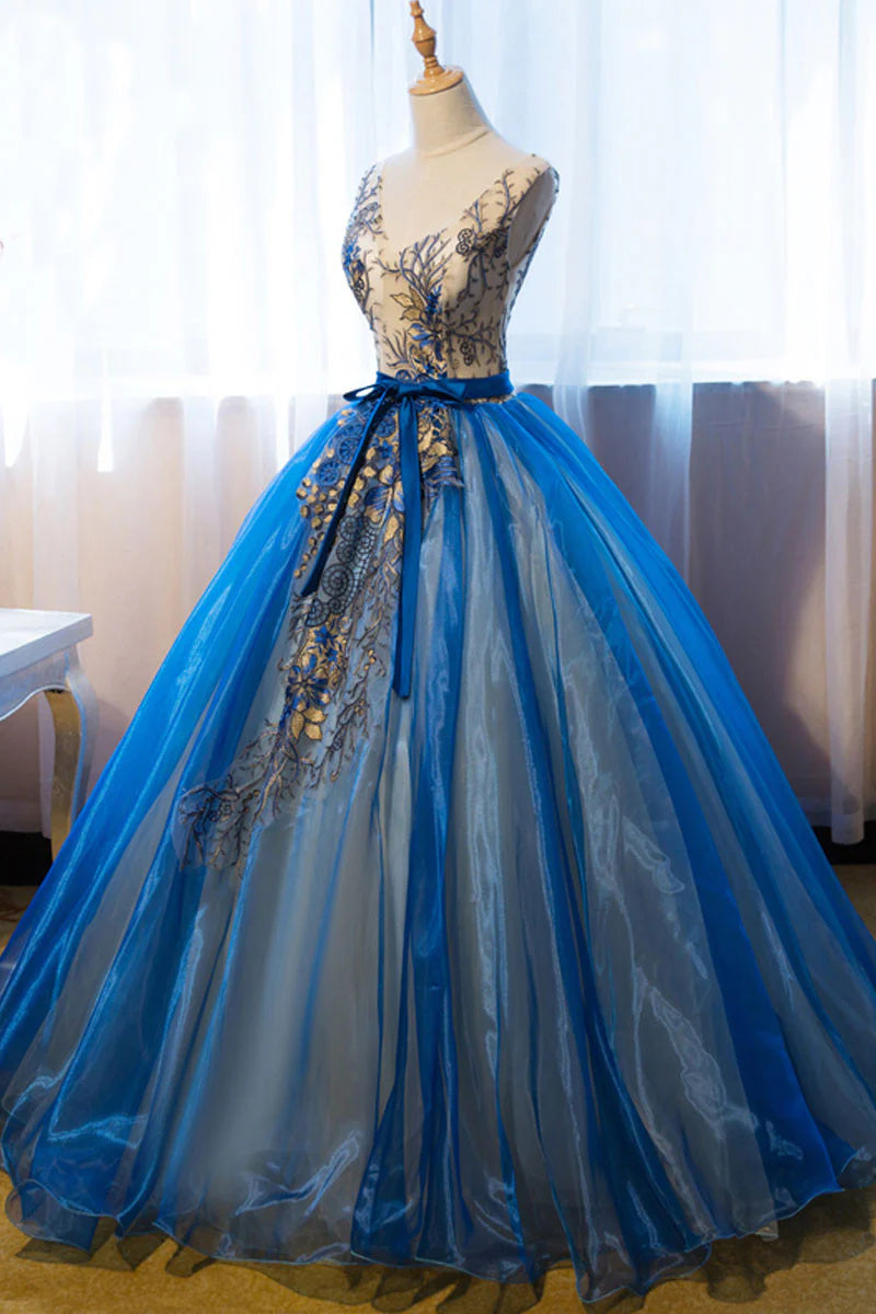 Unique v neck embroidery long prom dress