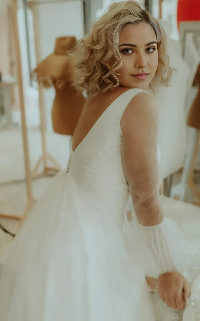 A Line Tulle V-neck Bell Simple Wedding Dress with Ruching