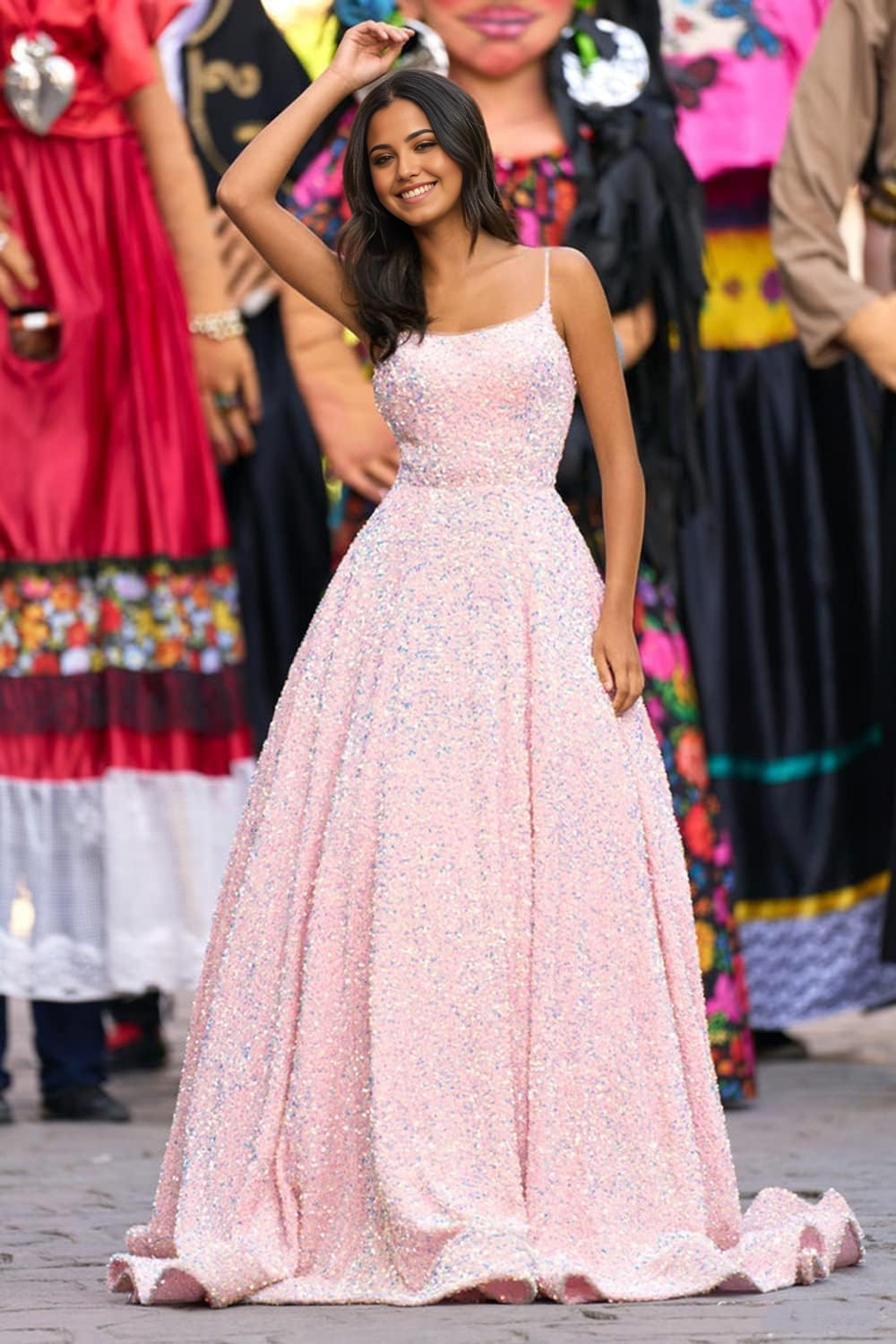 A-Linie, glitzernde Spaghettiträger, Pailletten, Abendkleid, Ballkleid mit Taschen