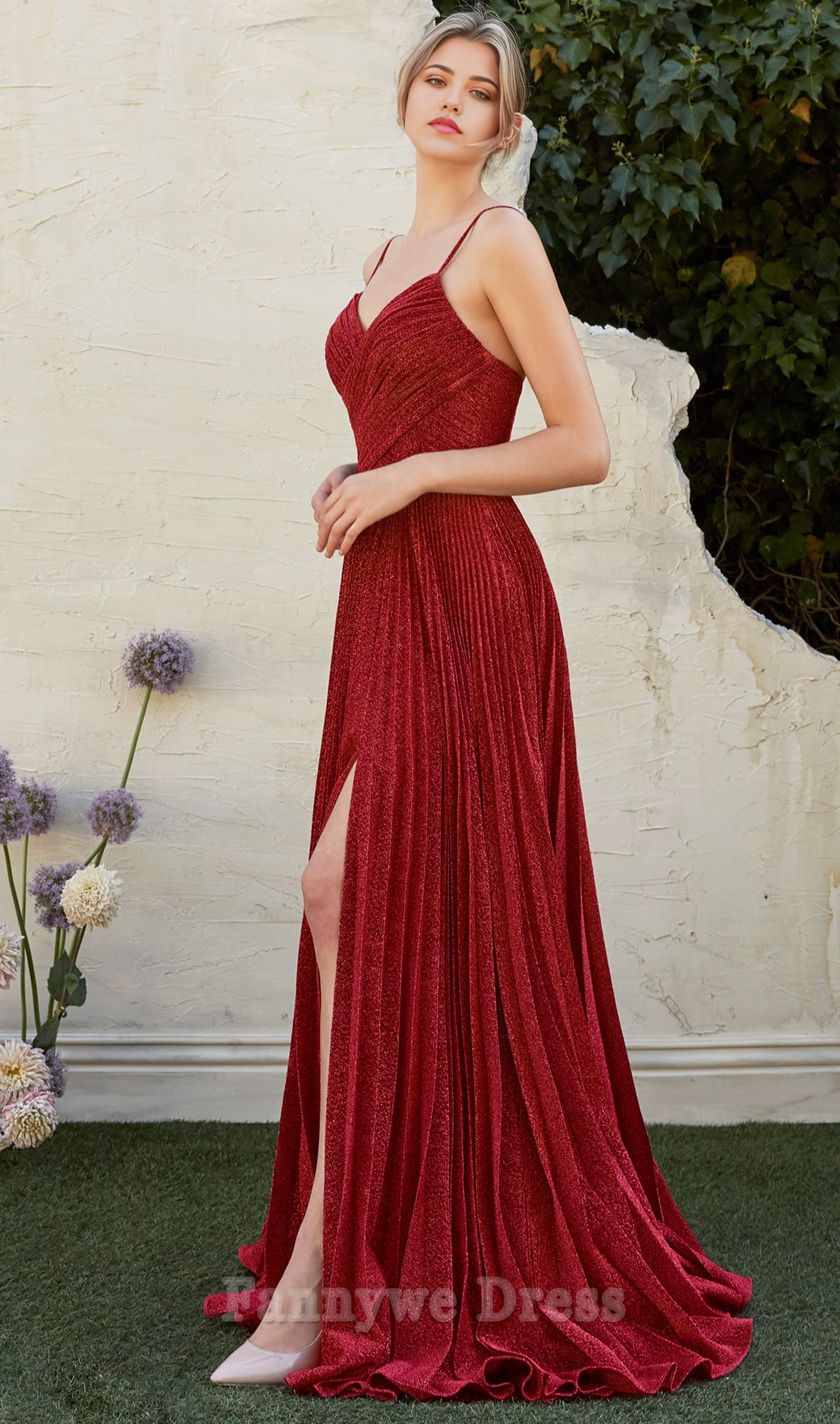 A-Linie V-Ausschnitt Glitzer Plissee Abendkleider Brautjungfernkleider Abendkleid Ballkleid