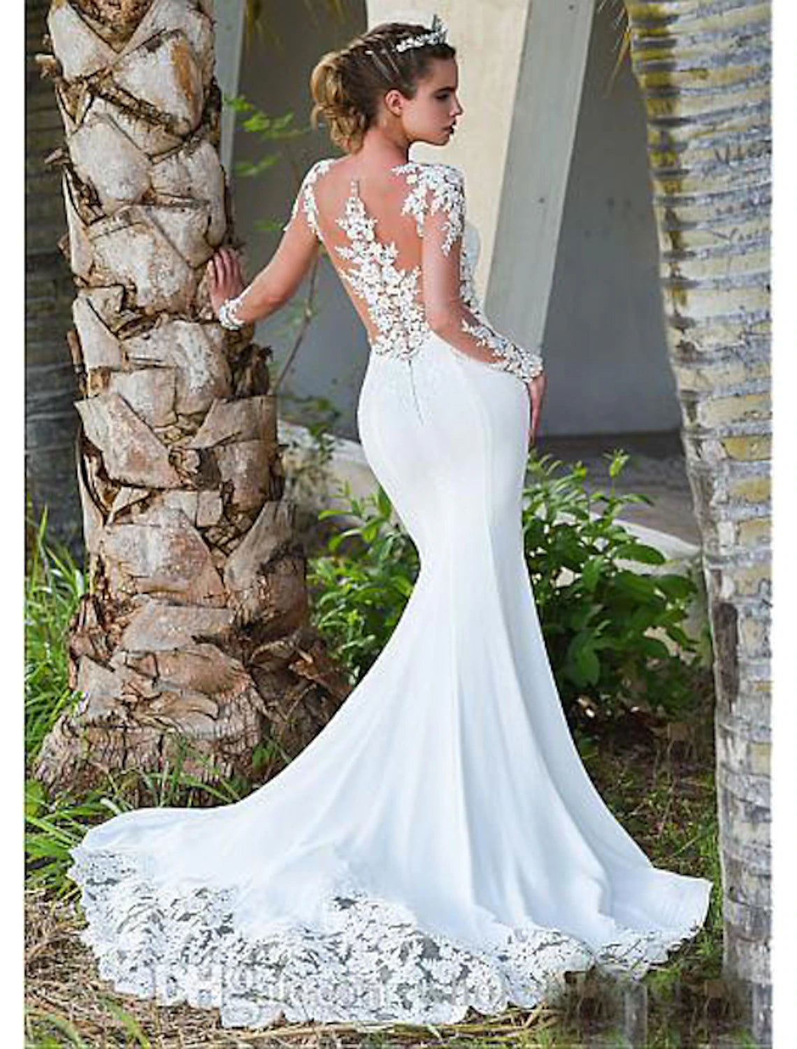 Vestidos de novia formales de compromiso con espalda abierta, escote sirena/trompeta, ilusión, manga larga, cola de corte, encaje y apliques