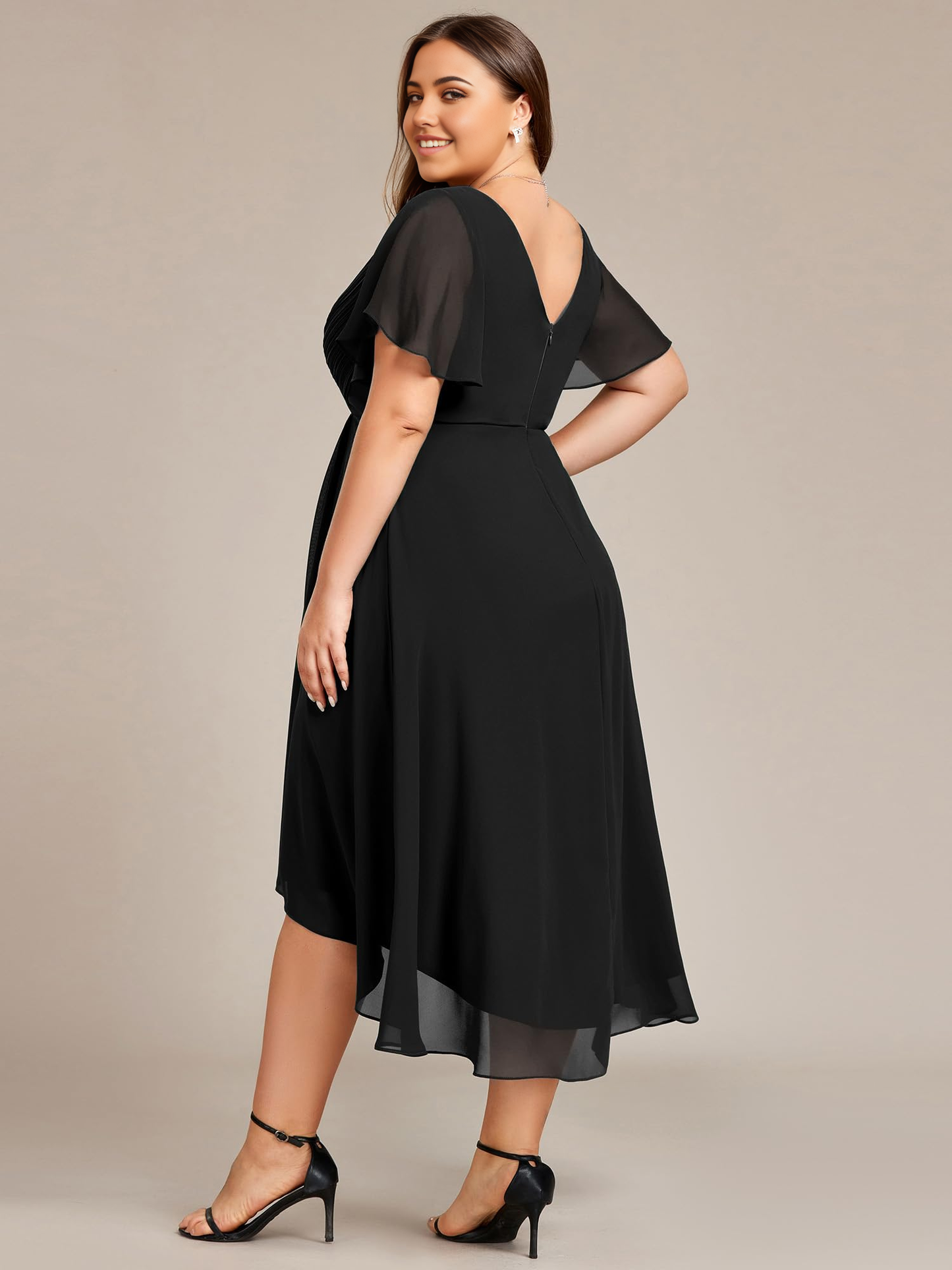 Vestido de noche formal de gasa con escote en V y mangas cortas hasta la rodilla, talla grande, para fiesta de graduación
