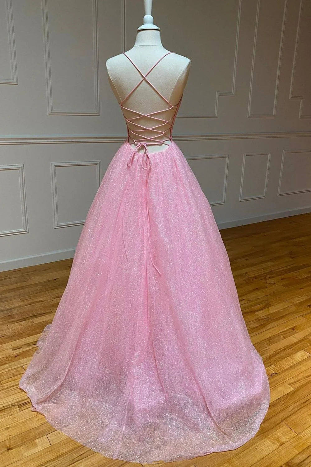A-Linie V-Ausschnitt Tüll Langes rückenfreies Partykleid Ballkleid