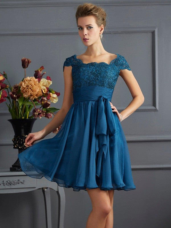 A-Linie/Princess-Linie U-Ausschnitt Kurze Ärmel Spitze Kurz Chiffon Brautjungfernkleider