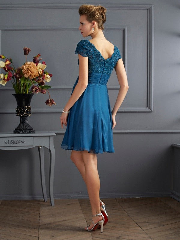 A-Linie/Princess-Linie U-Ausschnitt Kurze Ärmel Spitze Kurz Chiffon Brautjungfernkleider
