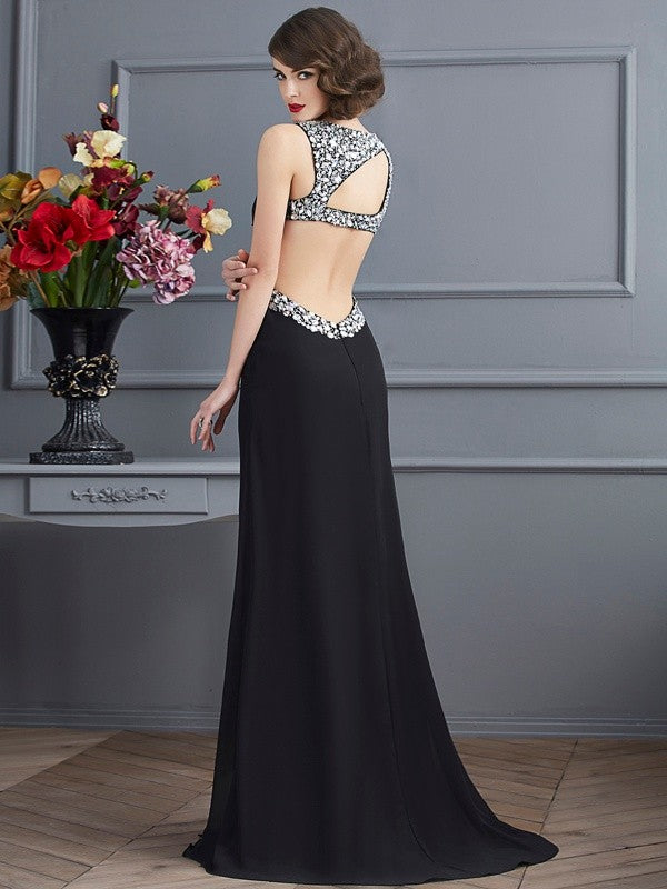 Sheath/Column Straps Sleeveless Beading Long Chiffon Dresses