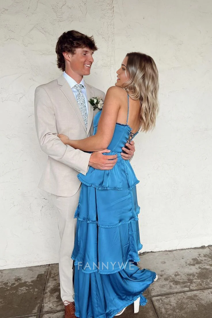 A-Linie Spaghettiträger Stufen Blau Lange Abendkleider Brautjungfernkleider Abendkleid Ballkleid