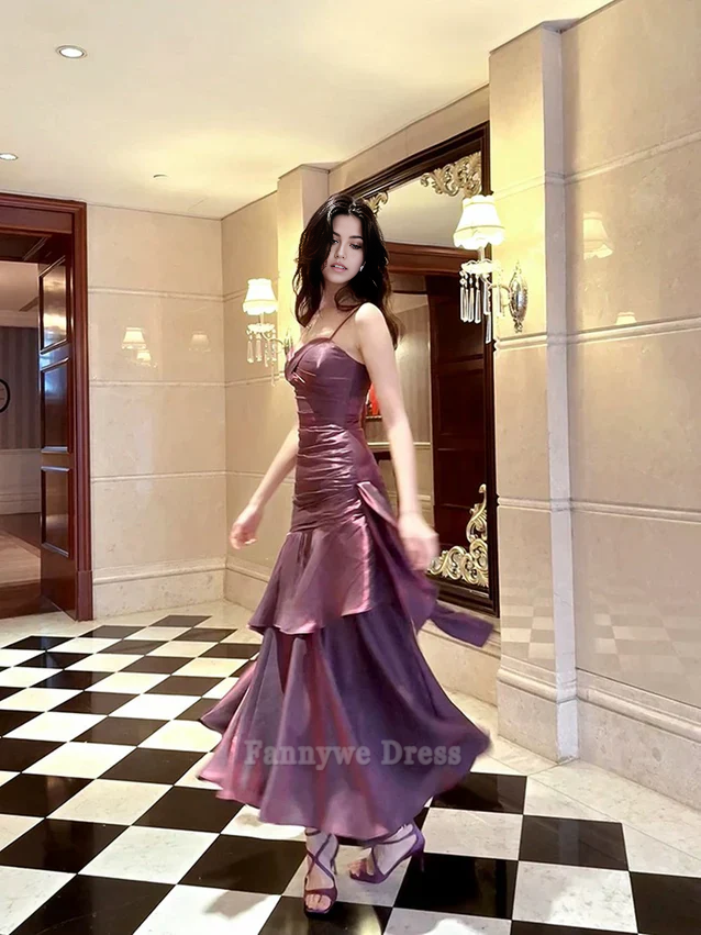 A-Linie Spaghettiträger Chiffon Dunkelviolett Lange Abendkleider Brautjungfernkleider Abendkleid Ballkleid