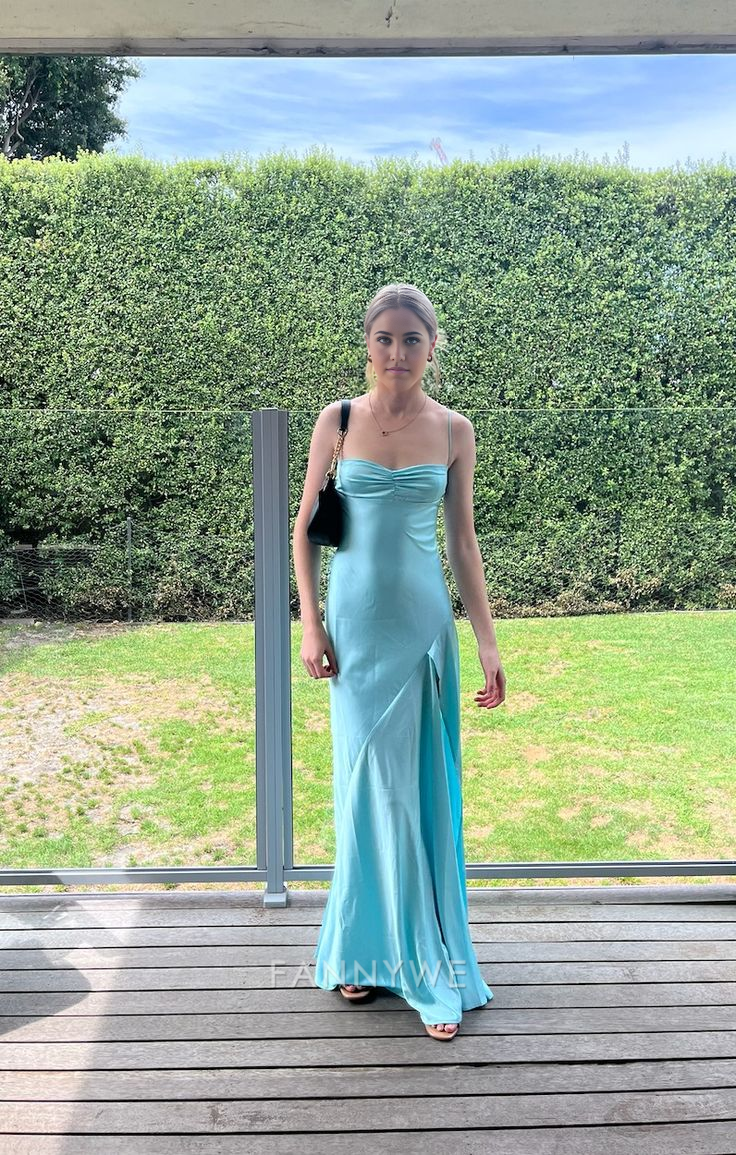 Vestidos largos formales de satén azul con tirantes en forma de A para dama de honor, vestido de noche, vestido de fiesta