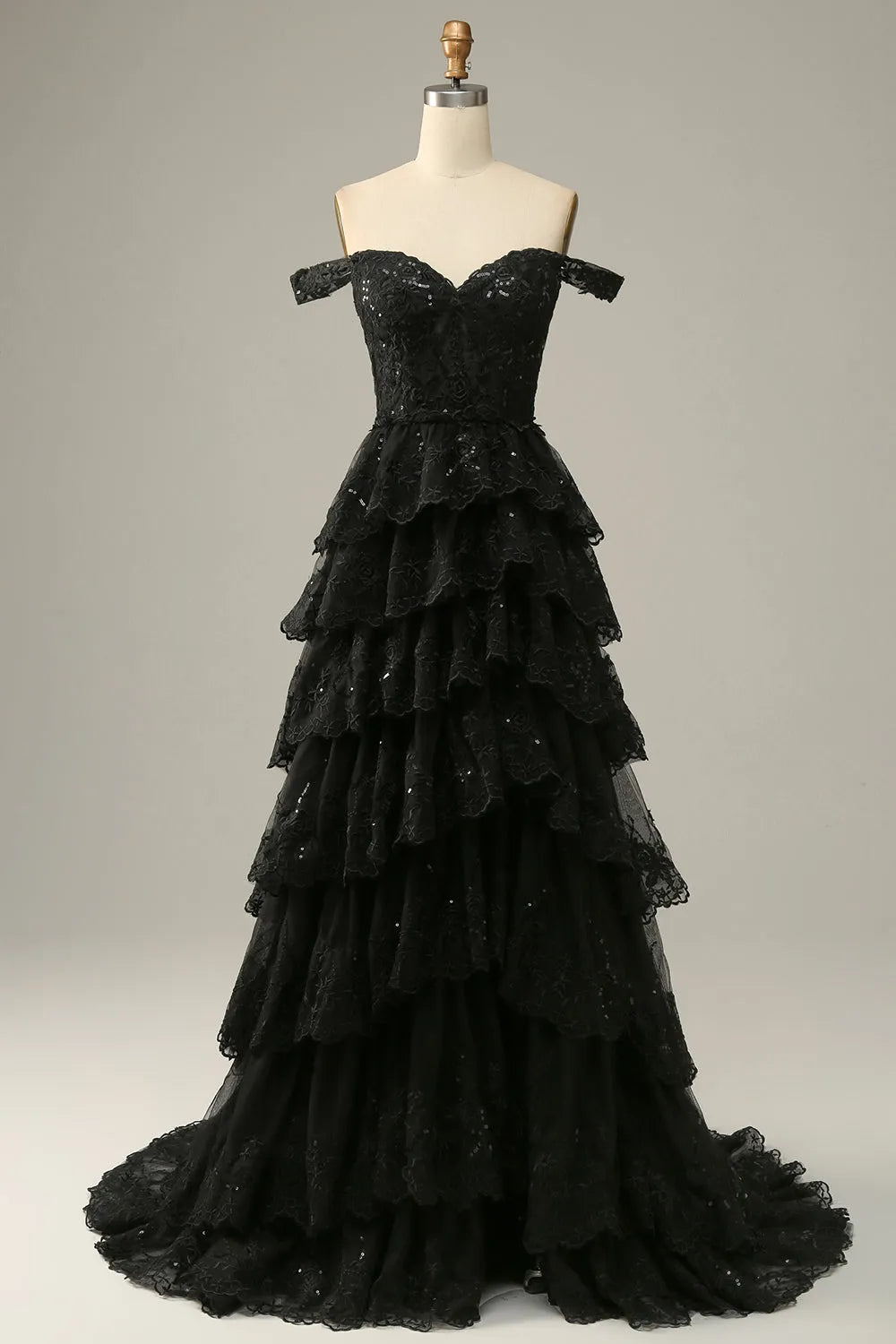 A Line Off the Shoulder Corset Prom Dress with Lace Ruffles