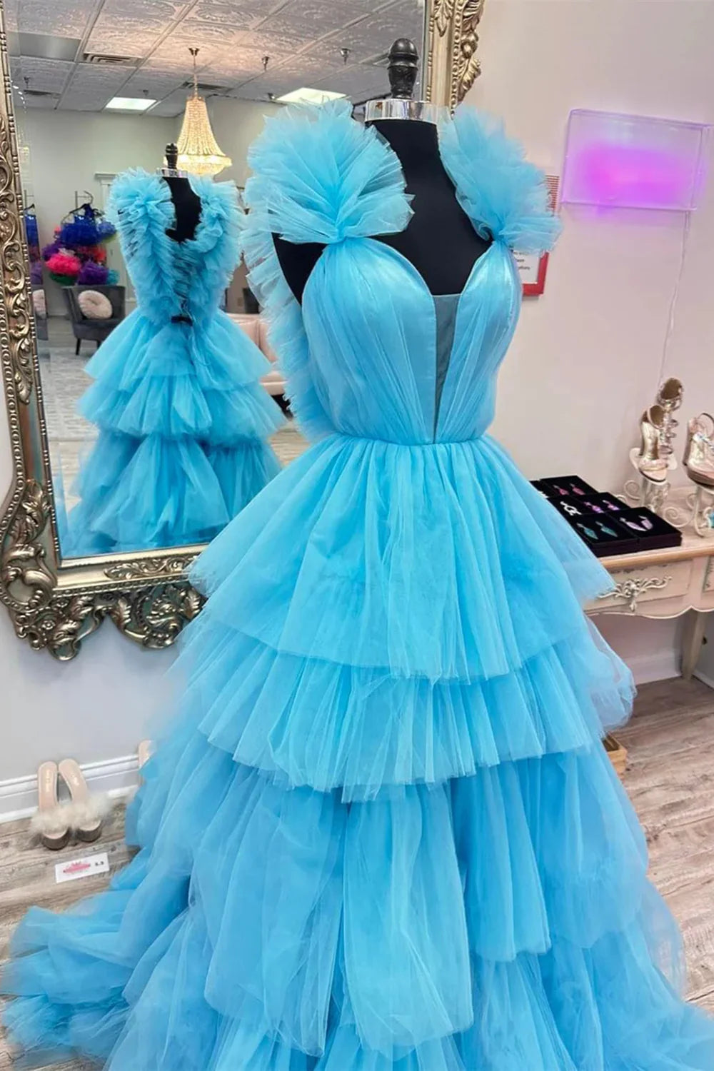 A Line V Neck Long Prom Dress