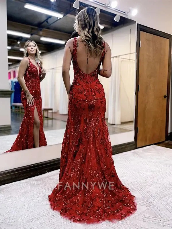 Mermaid elegant shiny v neck sleeveless floor length sexy slit formal dresses Bridesmaid Dresses evening gown Prom Dress