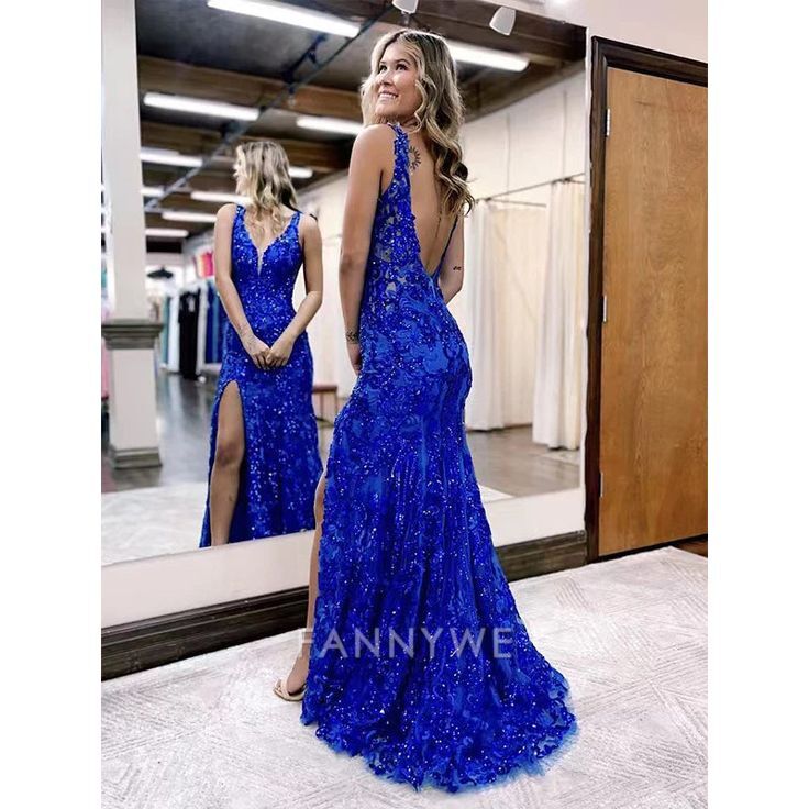 Mermaid elegant shiny v neck sleeveless floor length sexy slit formal dresses Bridesmaid Dresses evening gown Prom Dress