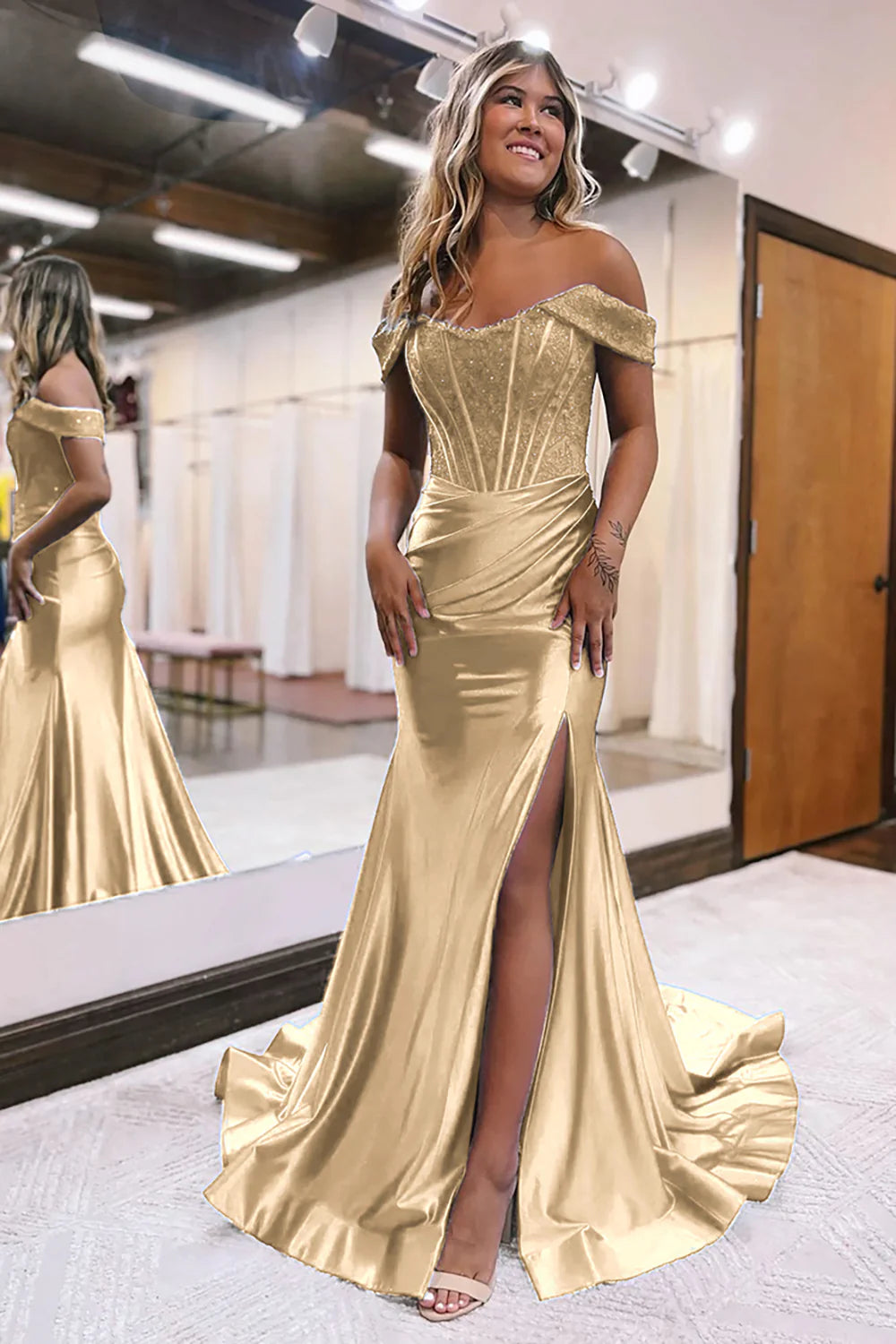 Meerjungfrau-Abschlussballkleid mit glitzerndem Korsett und abnehmbarem Halsausschnitt und Schlitz