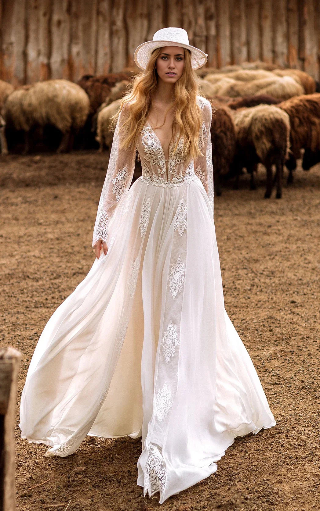 A-Line Boho Lace Sleeves Plunging Neckline Sweep Train Wedding Dress