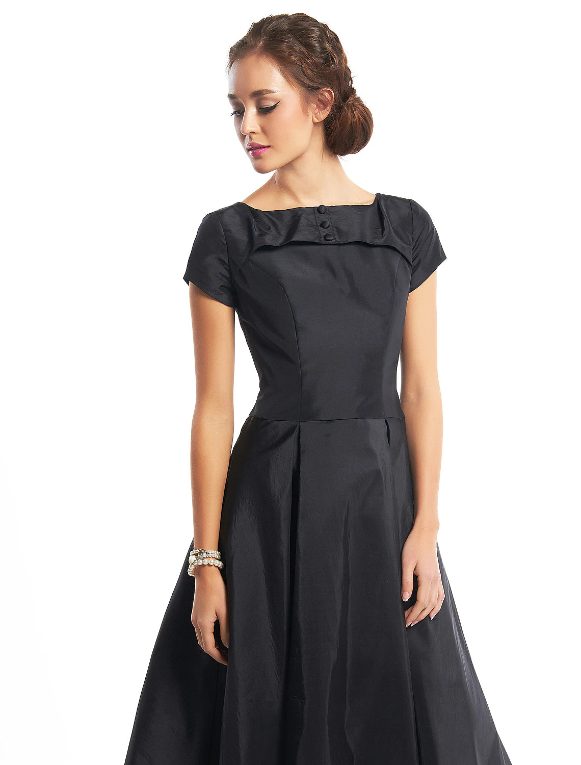 A-Linie Vintage Kleid Homecoming Tee Länge Kurzarm Boot-Ausschnitt Taft mit Knöpfen
