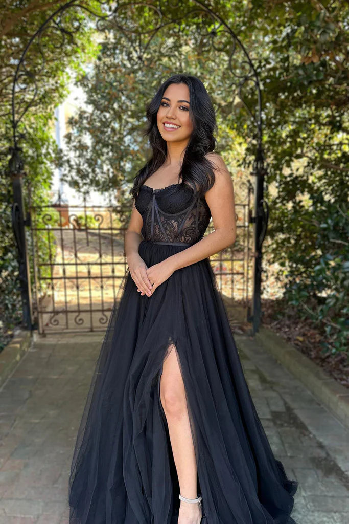 A-Linie Herzausschnitt Spitze Schwarz Langes Ballkleid Abendkleid