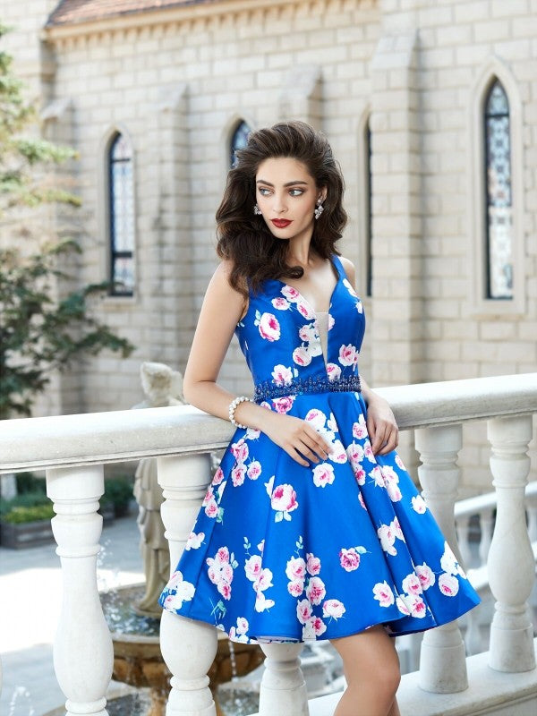 A-Line Satin Straps Sleeveless Short/Mini With Crystal Dresses