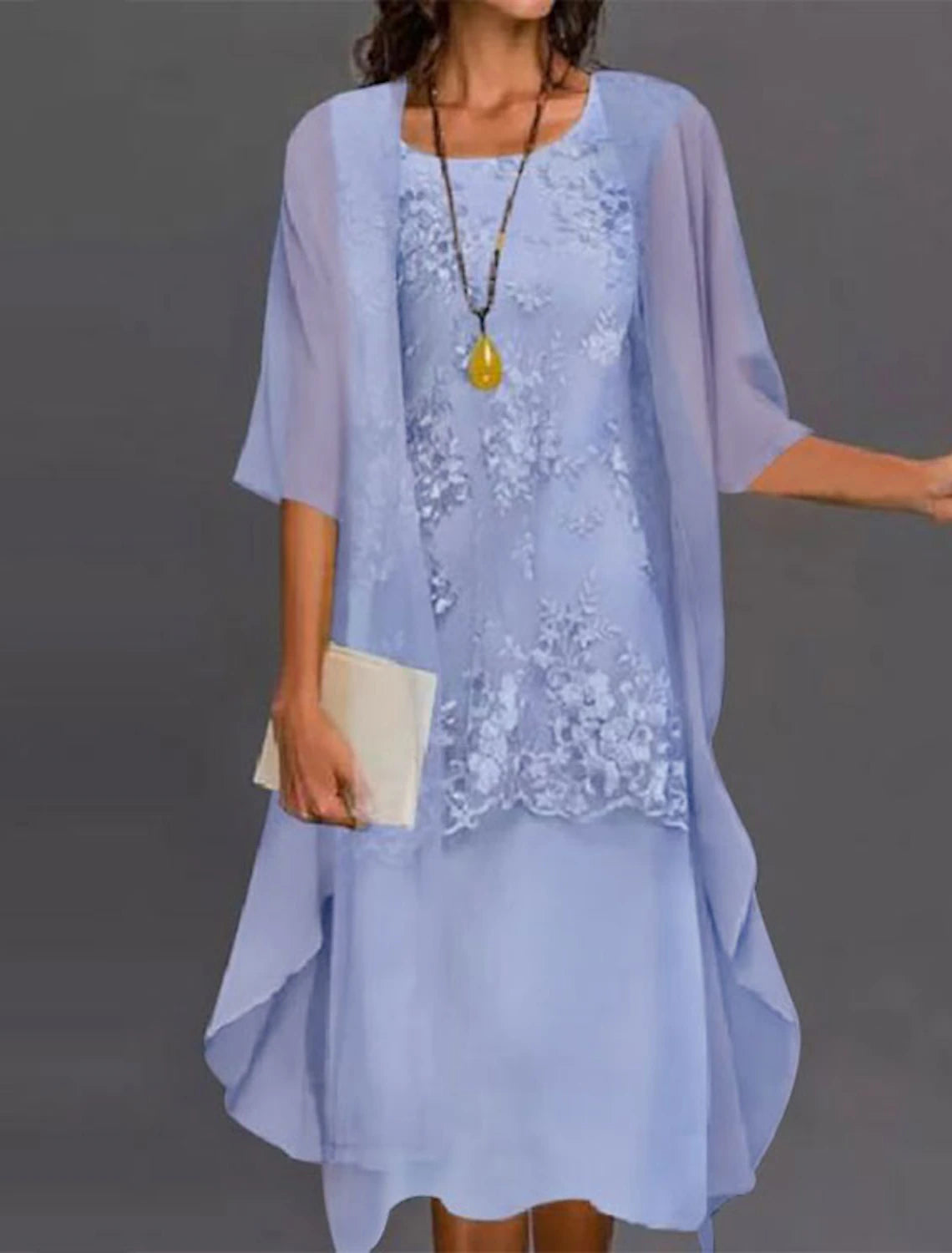 Two Piece Sheath / Column Mother of the Bride Dress Wedding Guest Elegant Jewel Neck Tea Length Chiffon Lace Sleeveless Jacket Dresses with Appliques