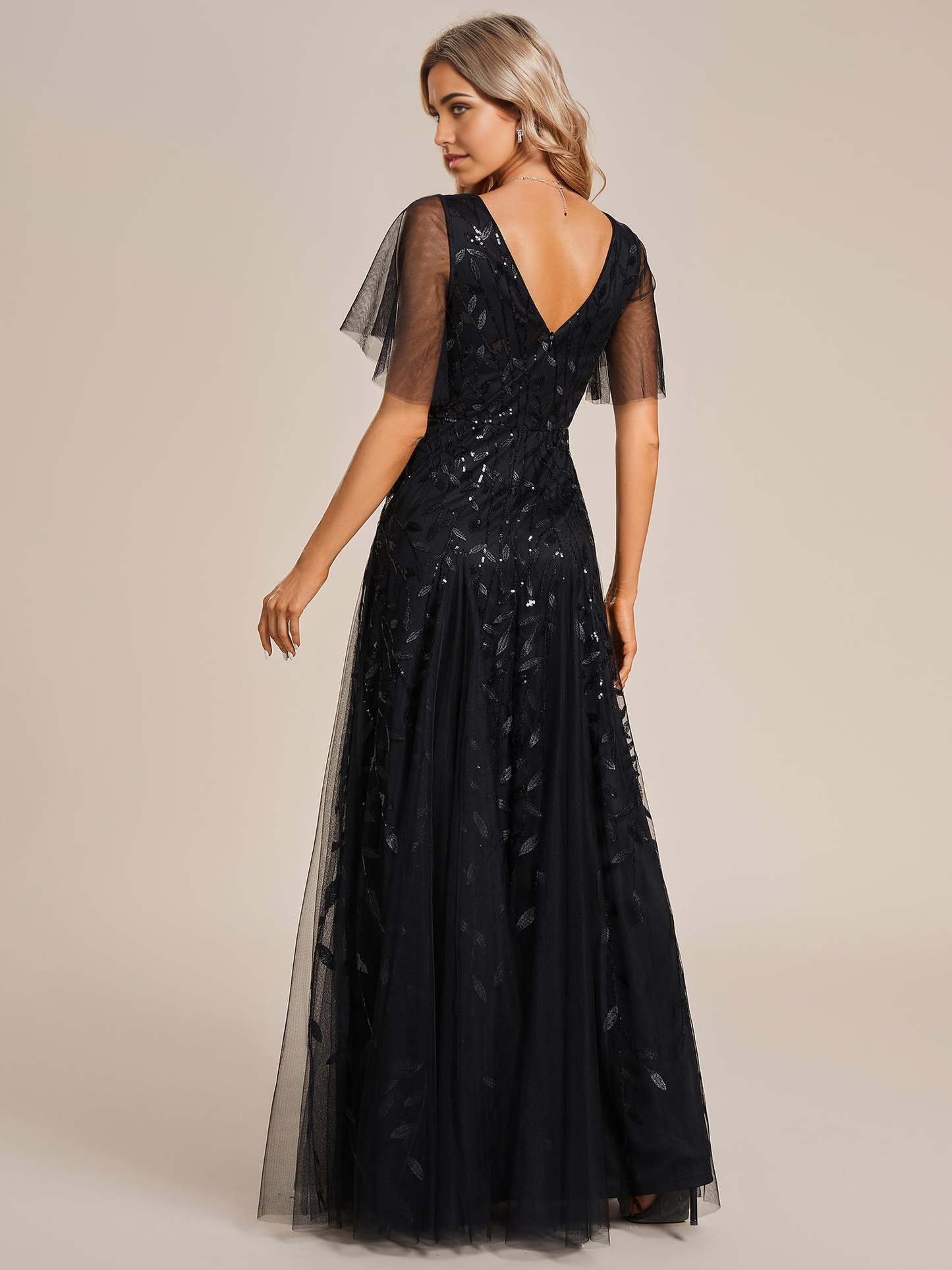 Vestido de noche formal de manga corta con escote en V brillante y lentejuelas de corte A para fiesta