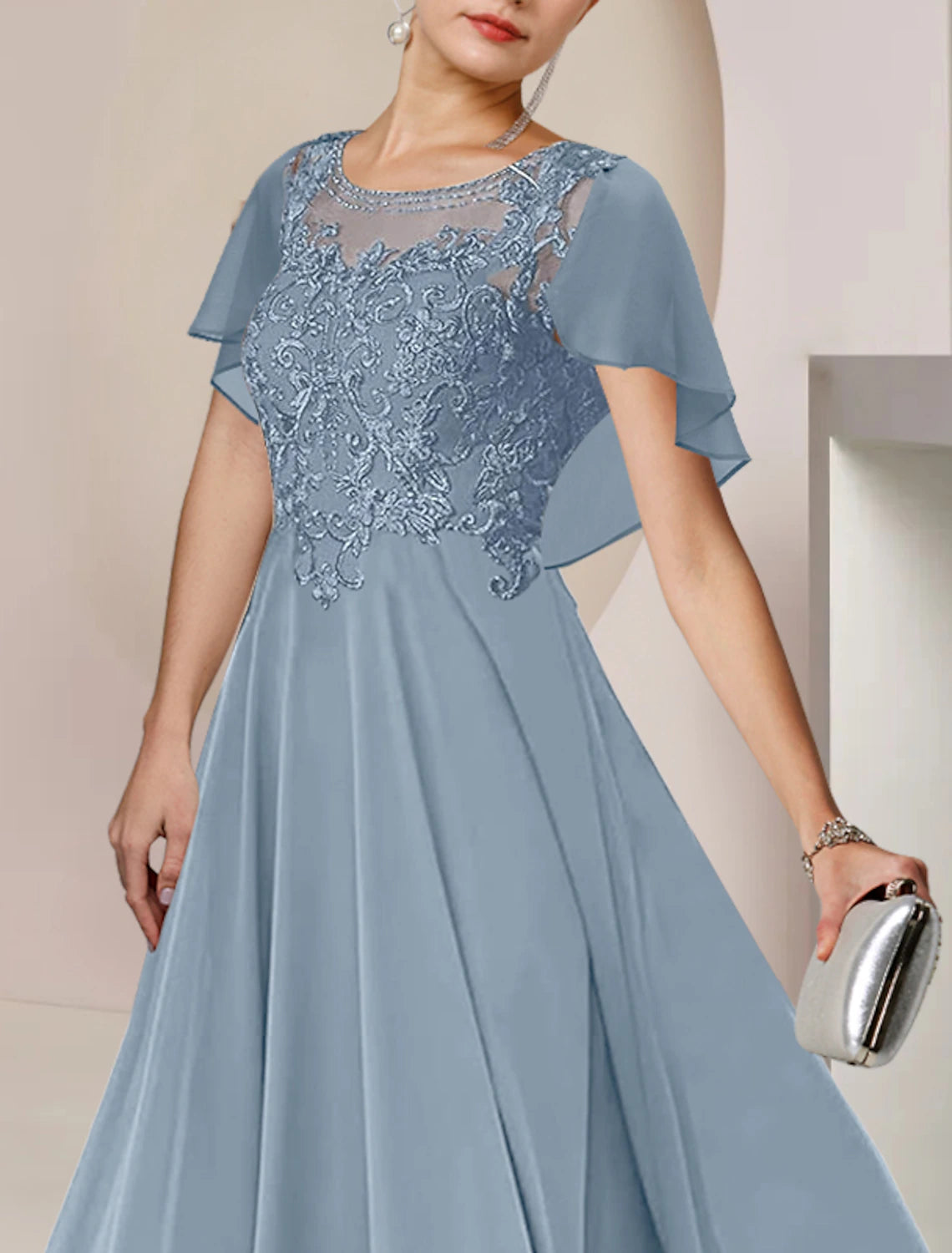 A-Linien-Kleid für die Brautmutter, elegant, U-Ausschnitt, knielang, Chiffon, Spitze, ärmellos, mit Perlenapplikationen