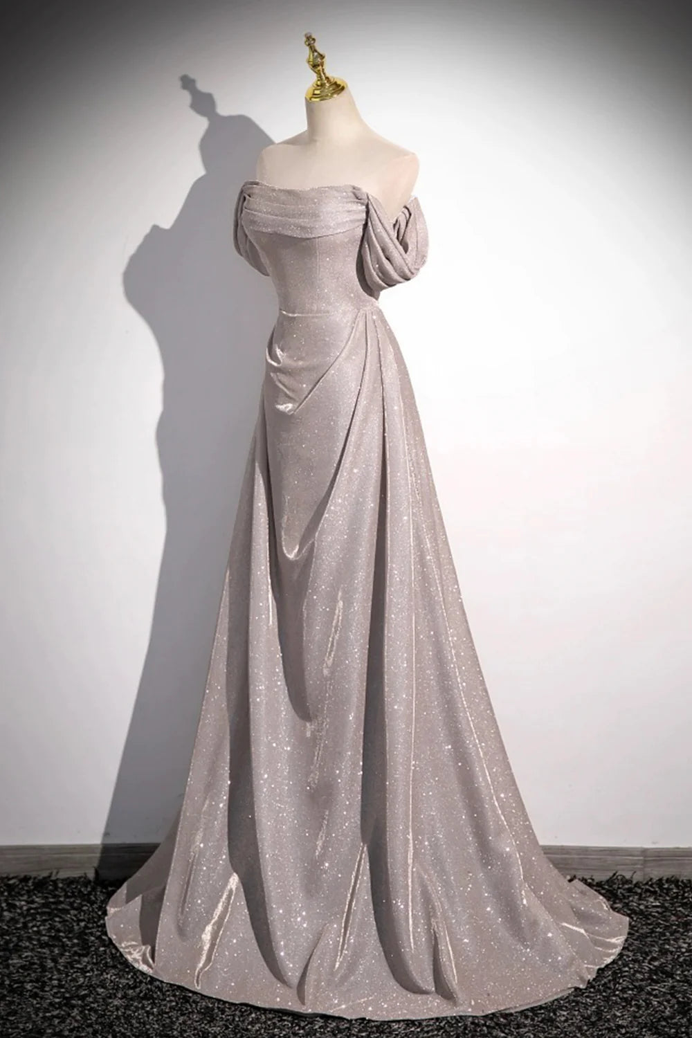 Pailletten Rüschen Langes Schulterfreies Kurzarm Abendkleid mit Sweep-Schleppe