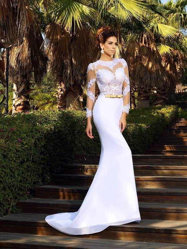 Vestidos de novia largos de gasa con mangas largas y apliques redondos y corte tubo/columna