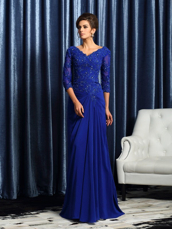 Vestidos largos de gasa para madre de la novia, corte A/princesa, escote en V, apliques, mangas 3/4